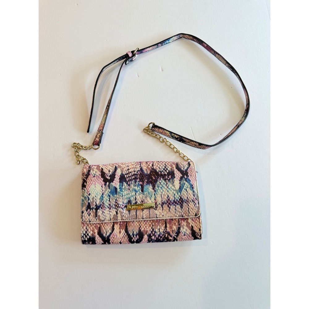 Betsey Johnson Pink Blue Snakeskin Print Crossbody Bag Gold Chain Purse